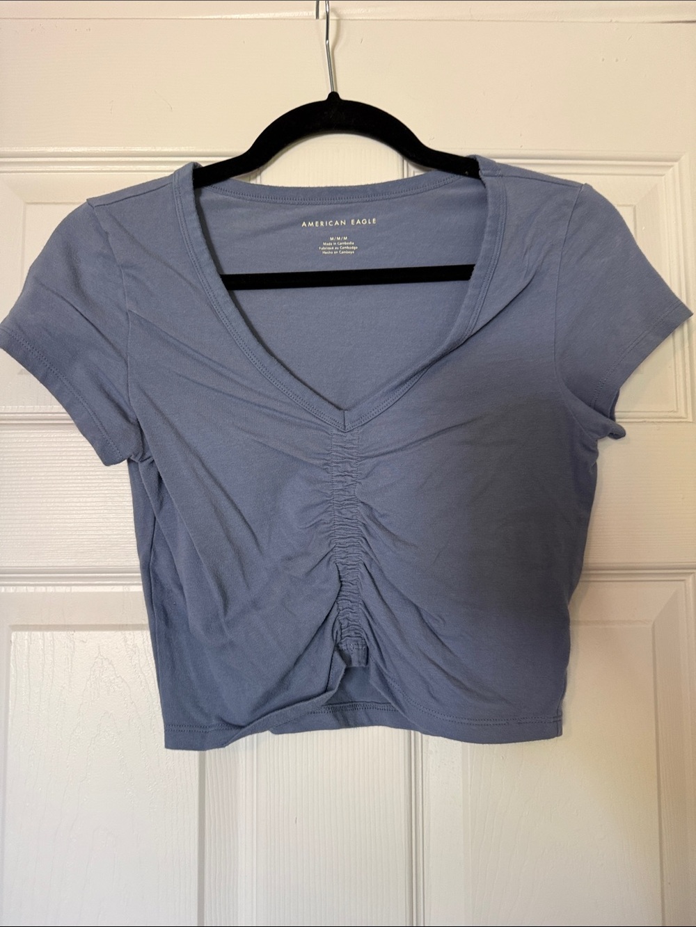 American Eagle Outfitters Lavender-Blue Ruched V-Neck Crop Top